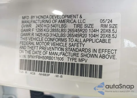 2024 Honda Passport Awd Ex-L из США, поврежденный, VIN 5FNYF8H50RB017606